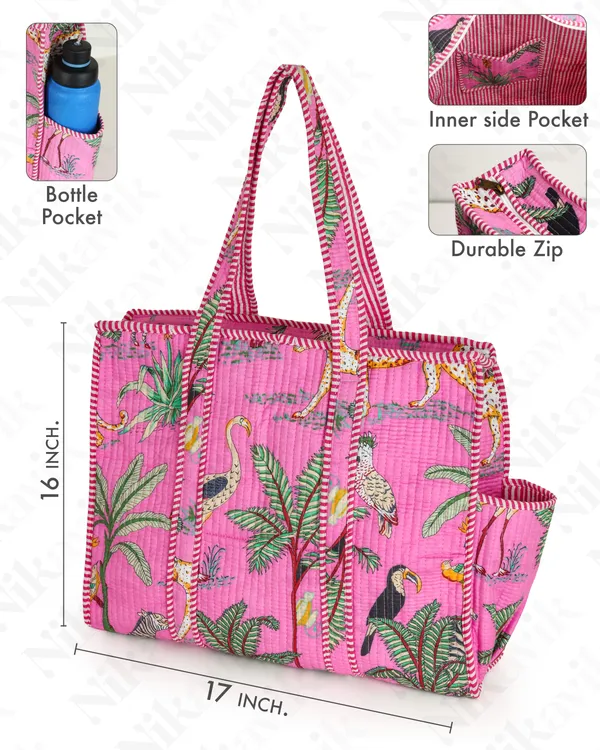 Light_Pink_Cotton_Premium_&_Elegant_Exotic_Animal_Print_Quilted_Tote_Bag_For_Women