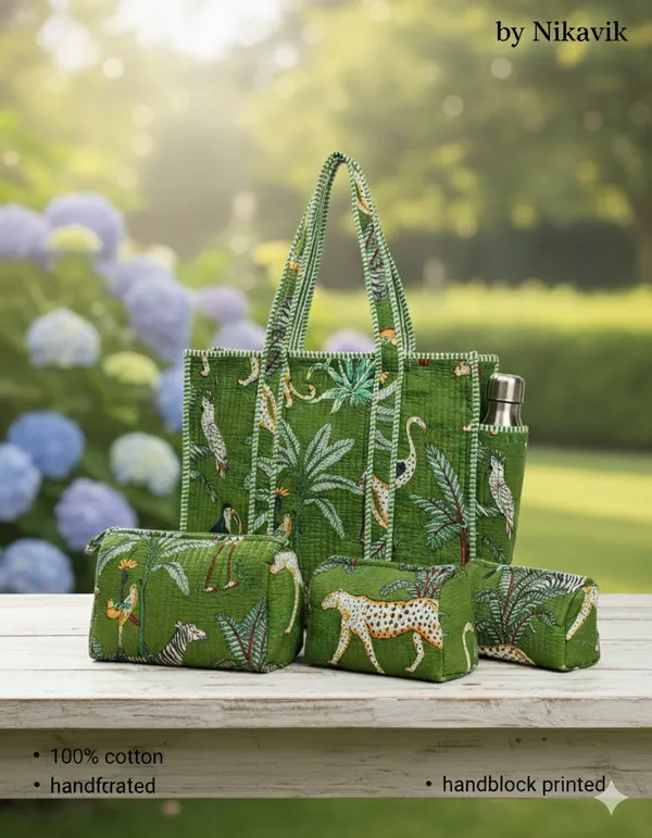Green_Cotton_Premium_&_Elegant_Hand_Block_Print_Quilted_Tote_Bag_With_3_Pouches_Set_For_Women_(Set_Of_4)