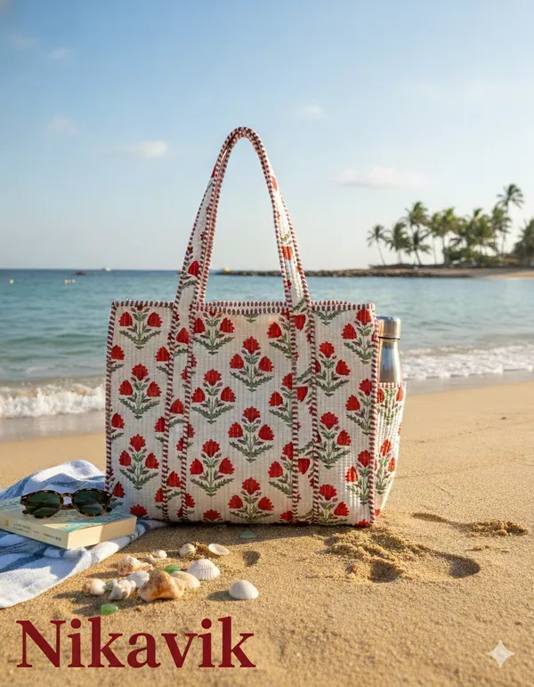 White_Red_Cotton_Premium_&_Elegant_Exotic_Mughal_Butta_Floral_Print_Quilted_Tote_Bag_For_Women