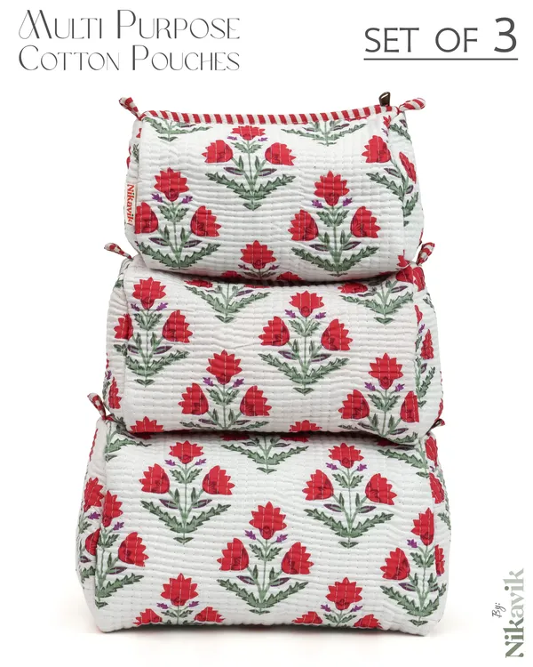 White_Red_Cotton_Premium_&_Elegant_Printed_Quilted_Cosmetic_Pouch_Set_For_Unisex_(Set_Of_3)
