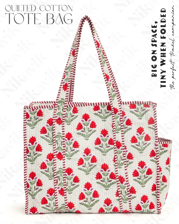 White_Red__Cotton_Premium_&_Elegant_Hand_Block_Print_Quilted_Tote_Bag_With_3_Pouches_Set_For_Women_(Set_Of_4)