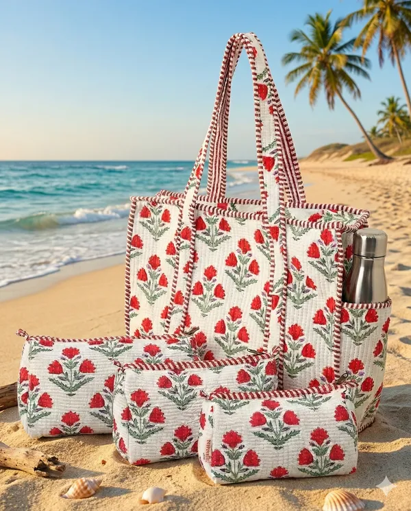 White_Red__Cotton_Premium_&_Elegant_Hand_Block_Print_Quilted_Tote_Bag_With_3_Pouches_Set_For_Women_(Set_Of_4)