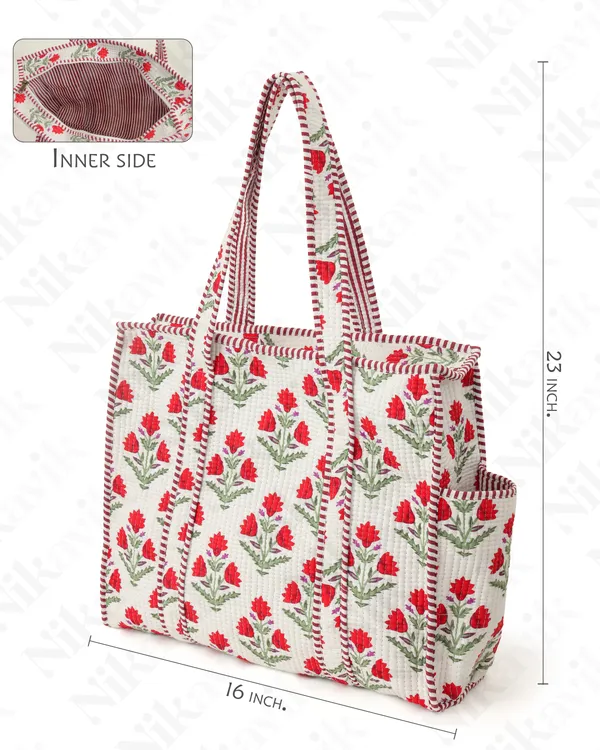 White_Red__Cotton_Premium_&_Elegant_Hand_Block_Print_Quilted_Tote_Bag_With_3_Pouches_Set_For_Women_(Set_Of_4)