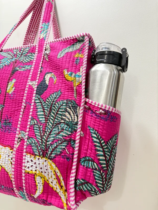 Dark_Pink_Cotton_Premium_&_Elegant_Exotic_Animal_Print_Quilted_Tote_Bag_For_Women