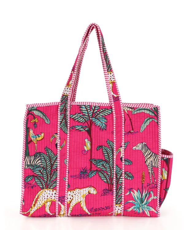 Dark_Pink_Cotton_Premium_&_Elegant_Exotic_Animal_Print_Quilted_Tote_Bag_For_Women