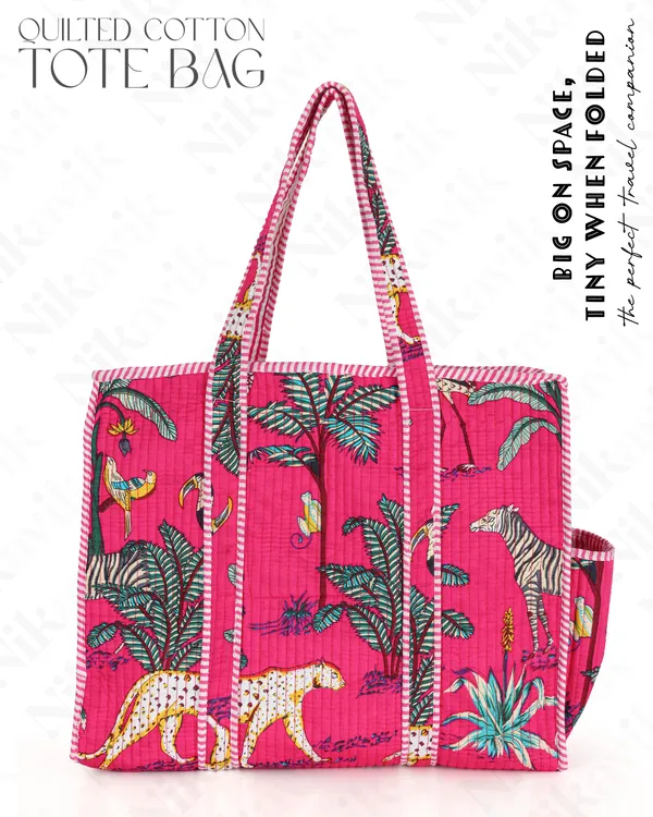 Dark_Pink_Cotton_Premium_&_Elegant_Exotic_Animal_Print_Quilted_Tote_Bag_For_Women