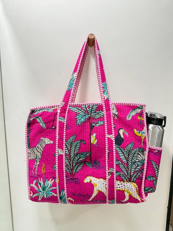 Dark_Pink_Cotton_Premium_&_Elegant_Exotic_Animal_Print_Quilted_Tote_Bag_For_Women