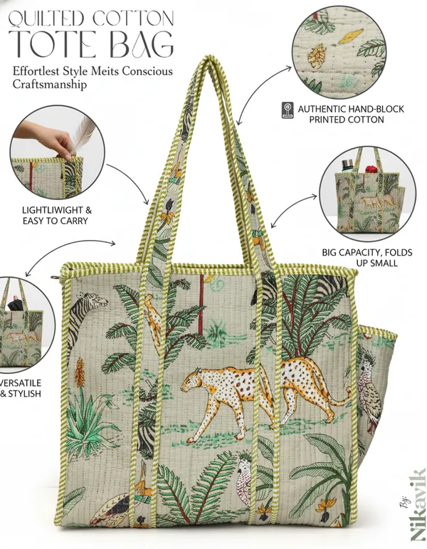 Beige_Cotton_Premium_&_Elegant_Exotic_Animal_Print_Quilted_Tote_Bag_For_Women