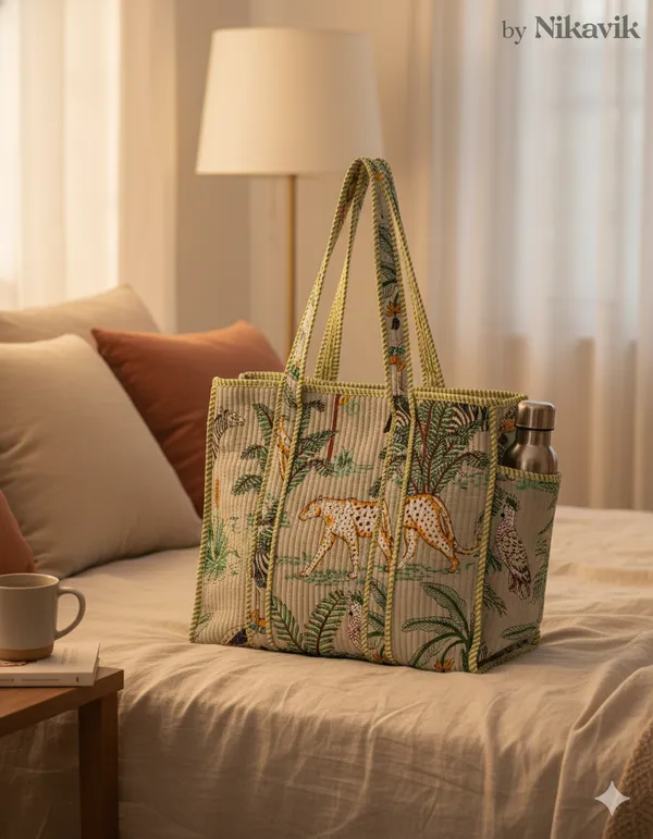 Beige_Cotton_Premium_&_Elegant_Exotic_Animal_Print_Quilted_Tote_Bag_For_Women