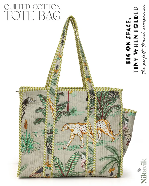 Beige_Cotton_Premium_&_Elegant_Exotic_Animal_Print_Quilted_Tote_Bag_For_Women