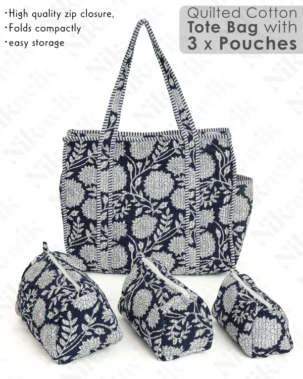 Navy_Blue_White_Cotton_Premium_&_Elegant_Hand_Block_Print_Quilted_Tote_Bag_With_3_Pouches_Set_For_Women_(Set_Of_4)