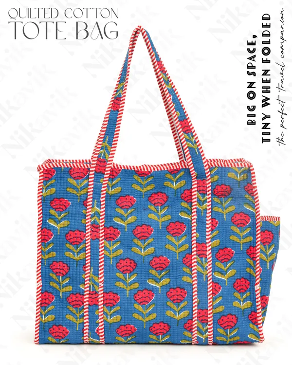 Blue_Red_Cotton_Premium_&_Elegant_Floral_Hand_Block_Print_Quilted_Tote_Bag_For_Women