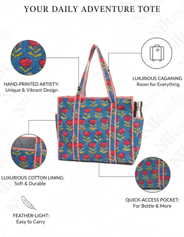 Blue_Red_Cotton_Premium_&_Elegant_Floral_Hand_Block_Print_Quilted_Tote_Bag_For_Women