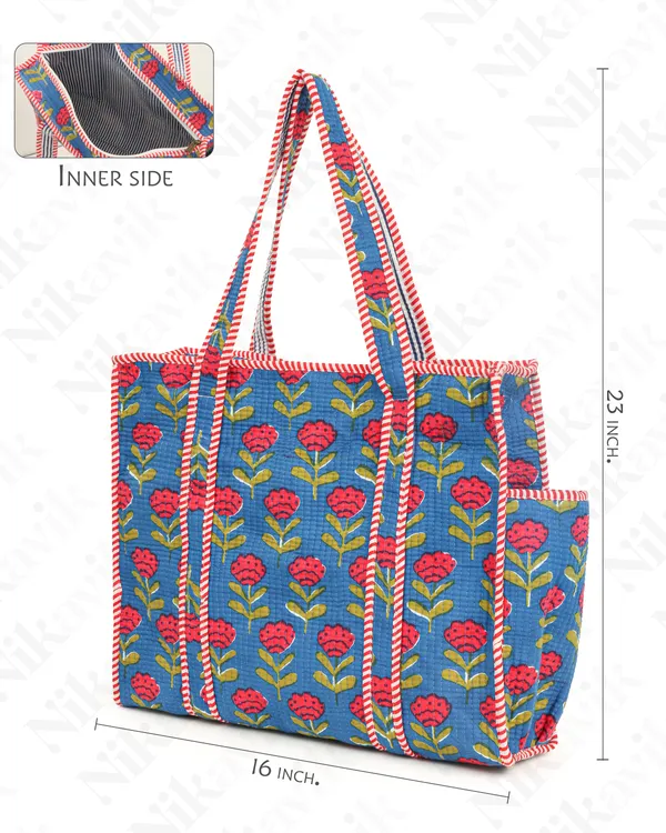 Blue_Red_Cotton_Premium_&_Elegant_Floral_Hand_Block_Print_Quilted_Tote_Bag_For_Women