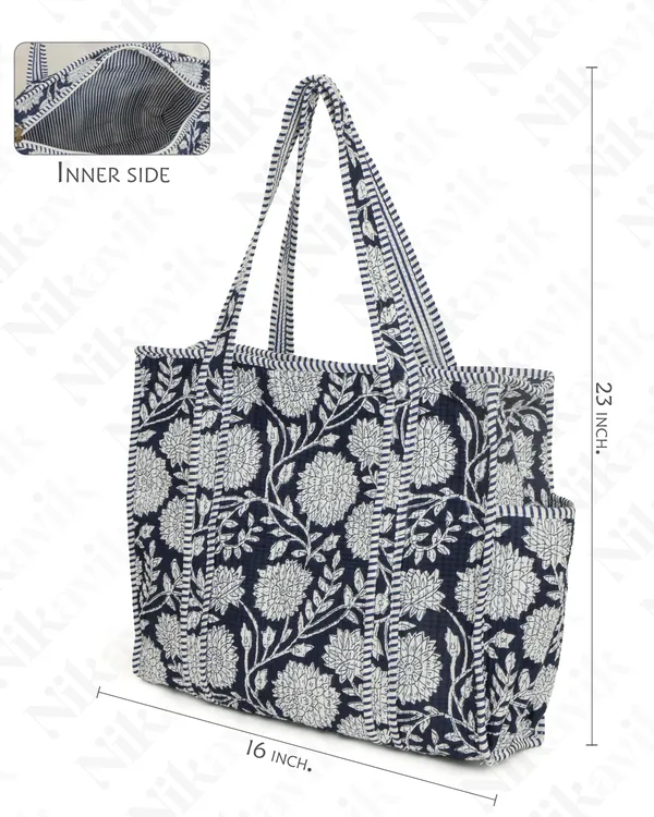 Navy_Blue_White_Cotton_Premium_&_Elegant_Floral_Hand_Block_Print_Quilted_Tote_Bag_For_Women