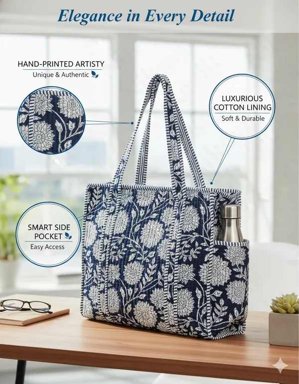 Navy_Blue_White_Cotton_Premium_&_Elegant_Floral_Hand_Block_Print_Quilted_Tote_Bag_For_Women