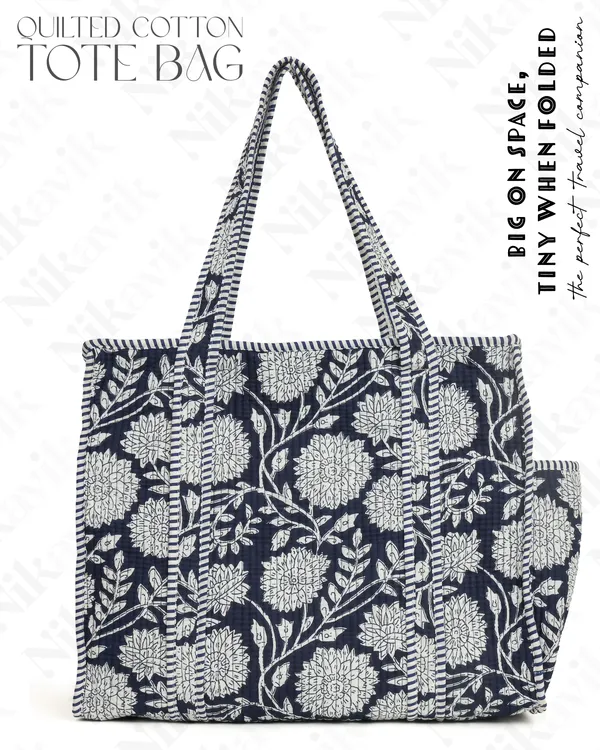 Navy_Blue_White_Cotton_Premium_&_Elegant_Floral_Hand_Block_Print_Quilted_Tote_Bag_For_Women