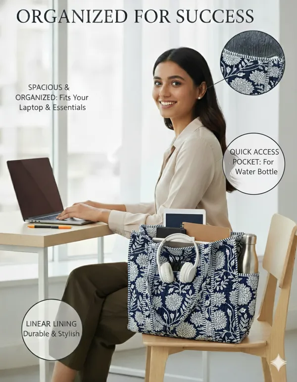 Navy_Blue_White_Cotton_Premium_&_Elegant_Floral_Hand_Block_Print_Quilted_Tote_Bag_For_Women