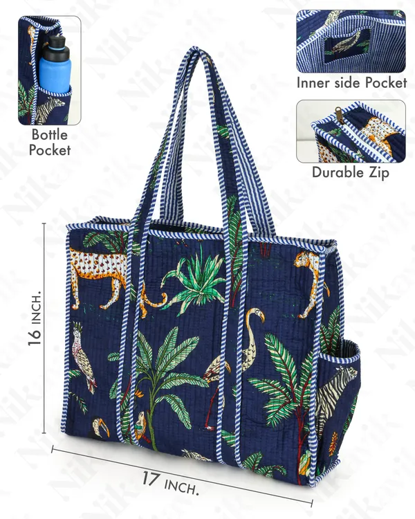 Navy_Blue(Safari)_Cotton_Premium_&_Elegant_Exotic_Animal_Print_Quilted_Tote_Bag_For_Women