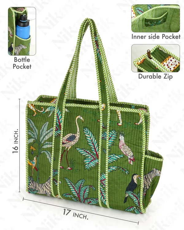 Green_Cotton_Premium_&_Elegant_Exotic_Animal_Print_Quilted_Tote_Bag_For_Women