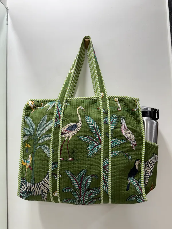 Green_Cotton_Premium_&_Elegant_Exotic_Animal_Print_Quilted_Tote_Bag_For_Women