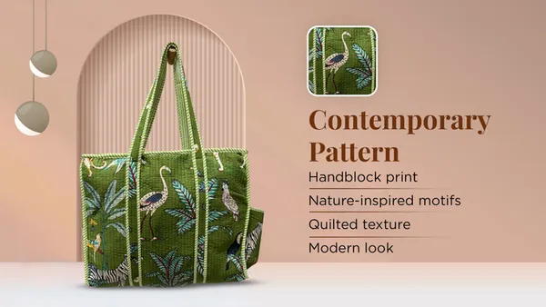 Green_Cotton_Premium_&_Elegant_Exotic_Animal_Print_Quilted_Tote_Bag_For_Women