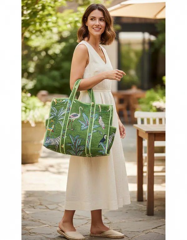Green_Cotton_Premium_&_Elegant_Exotic_Animal_Print_Quilted_Tote_Bag_For_Women