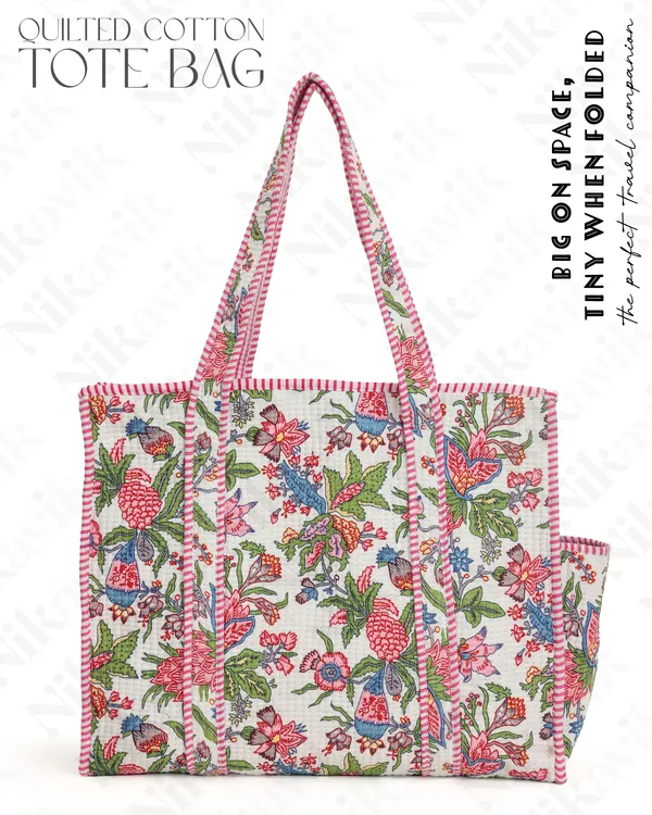 White_Pink_Cotton_Premium_&_Elegant_Floral_Hand_Block_Print_Quilted_Tote_Bag_For_Women