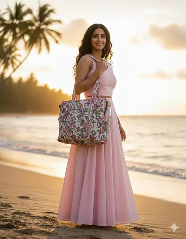 White_Pink_Cotton_Premium_&_Elegant_Floral_Hand_Block_Print_Quilted_Tote_Bag_For_Women