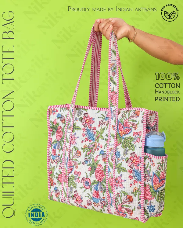 White_Pink_Cotton_Premium_&_Elegant_Floral_Hand_Block_Print_Quilted_Tote_Bag_For_Women