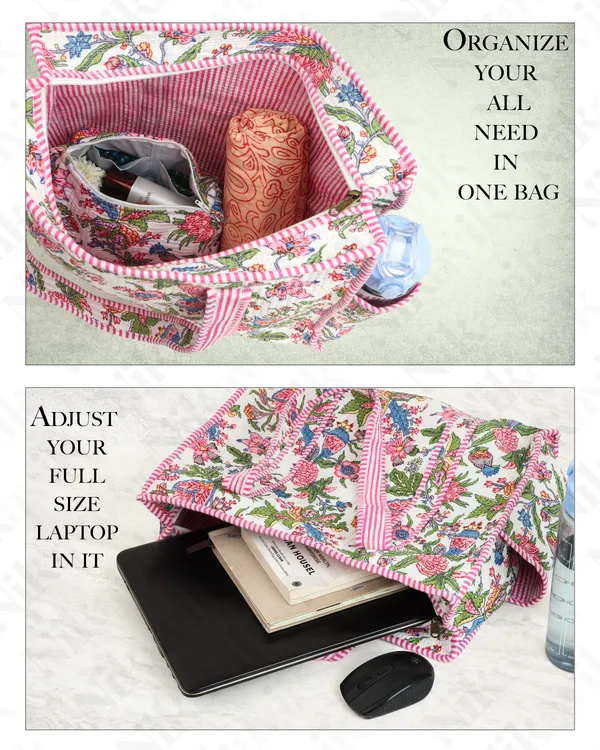 White_Pink_Cotton_Premium_&_Elegant_Floral_Hand_Block_Print_Quilted_Tote_Bag_For_Women