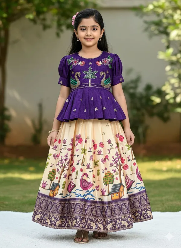 Blue_Chinon_Silk_With_Embroidery_Sequence_Work_With_Soft_Printed_Work_Lehenga_Choli_For_Girls