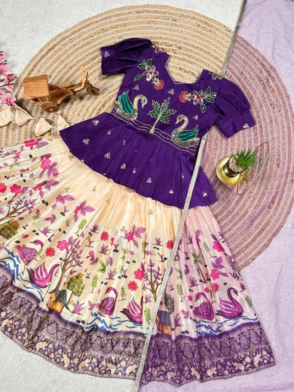 Blue_Chinon_Silk_With_Embroidery_Sequence_Work_With_Soft_Printed_Work_Lehenga_Choli_For_Girls