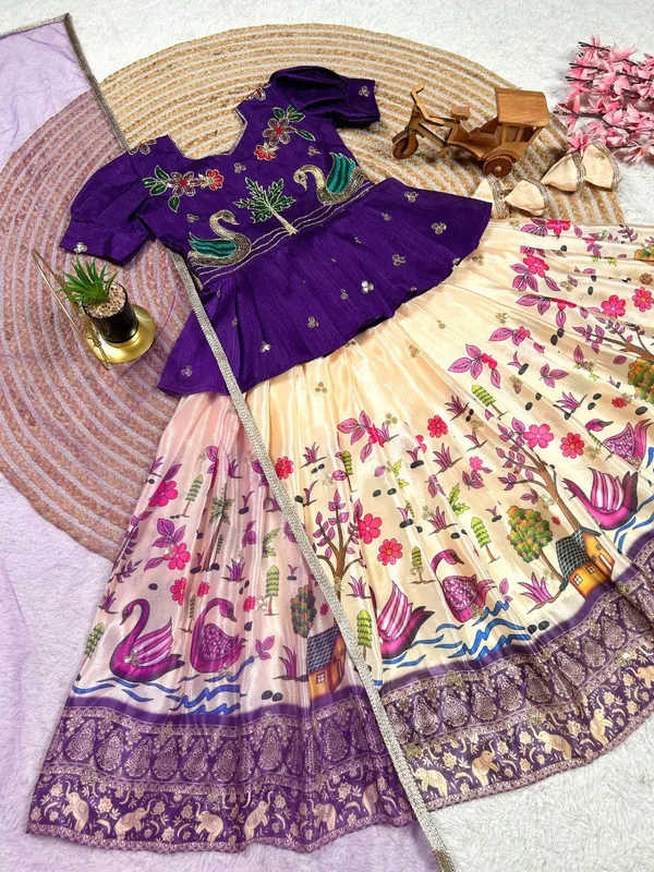 Blue_Chinon_Silk_With_Embroidery_Sequence_Work_With_Soft_Printed_Work_Lehenga_Choli_For_Girls