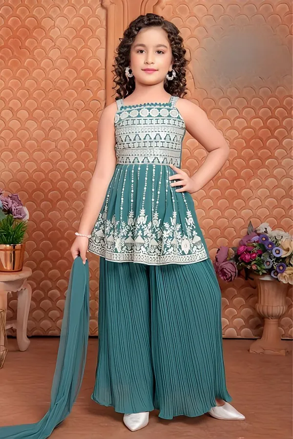 Teal_Green_Heavy_Faux_Georgette_Beautifully_Sequins_Embroidery_Work_Palazzo_sets_For_Girls