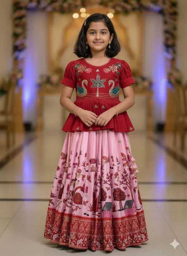 Red_Chinon_Silk_With_Embroidery_Sequence_Work_With_Soft_Printed_Work_Lehenga_Choli_For_Girls