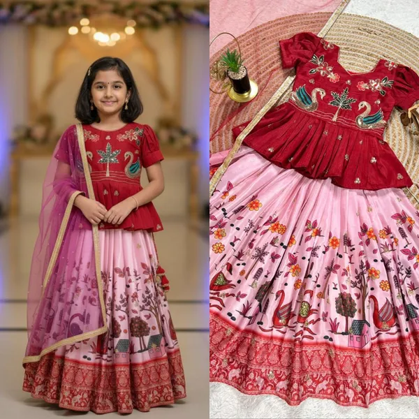 Red_Chinon_Silk_With_Embroidery_Sequence_Work_With_Soft_Printed_Work_Lehenga_Choli_For_Girls