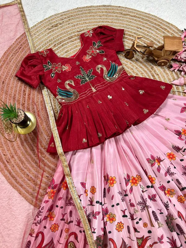 Red_Chinon_Silk_With_Embroidery_Sequence_Work_With_Soft_Printed_Work_Lehenga_Choli_For_Girls
