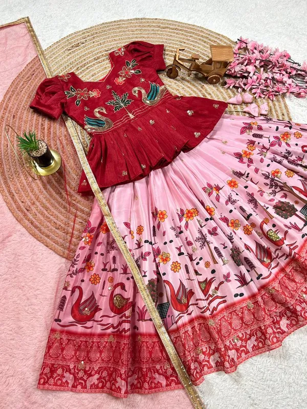 Red_Chinon_Silk_With_Embroidery_Sequence_Work_With_Soft_Printed_Work_Lehenga_Choli_For_Girls