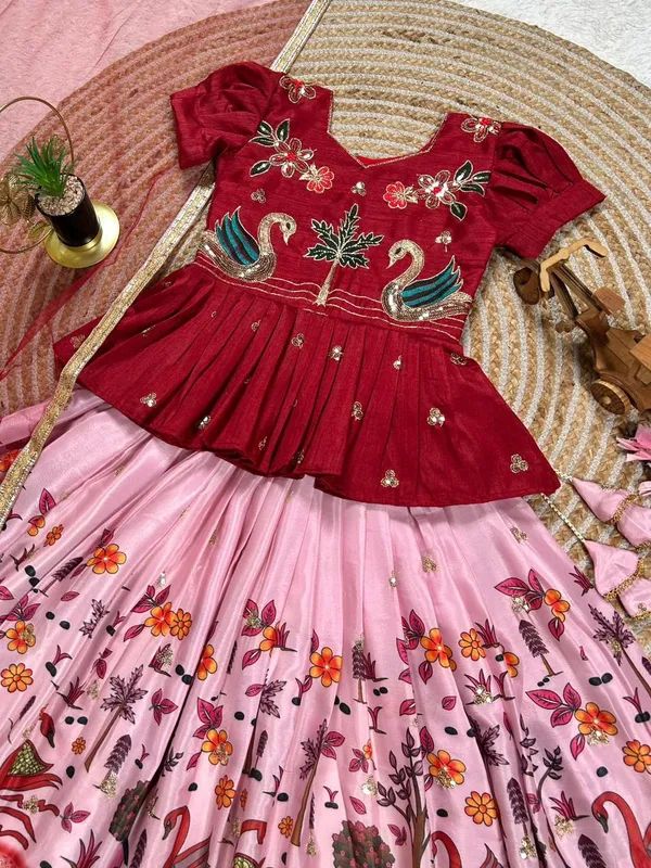 Red_Chinon_Silk_With_Embroidery_Sequence_Work_With_Soft_Printed_Work_Lehenga_Choli_For_Girls