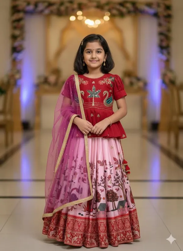 Red_Chinon_Silk_With_Embroidery_Sequence_Work_With_Soft_Printed_Work_Lehenga_Choli_For_Girls