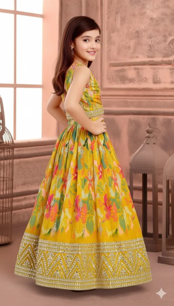 Yellow_Faux_Georgette_Digital_Print_&_Sequins_Embroidered_Work_Lehenga_Choli_For_Girls