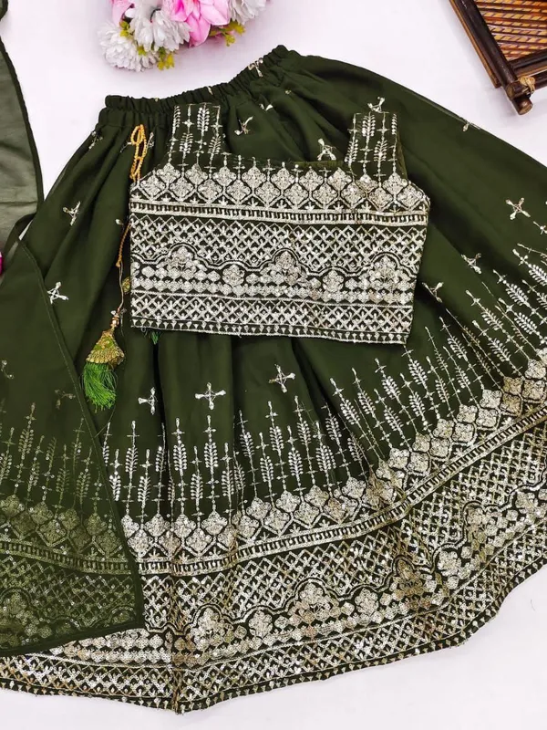 Green_Blooming_Georgette_With_Sequins_Embroidered_Work_Lehenga_Choli_For_Girls
