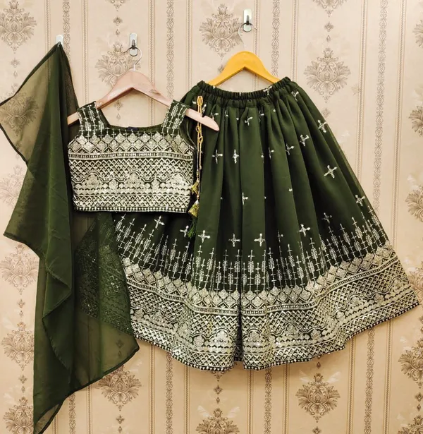 Green_Blooming_Georgette_With_Sequins_Embroidered_Work_Lehenga_Choli_For_Girls