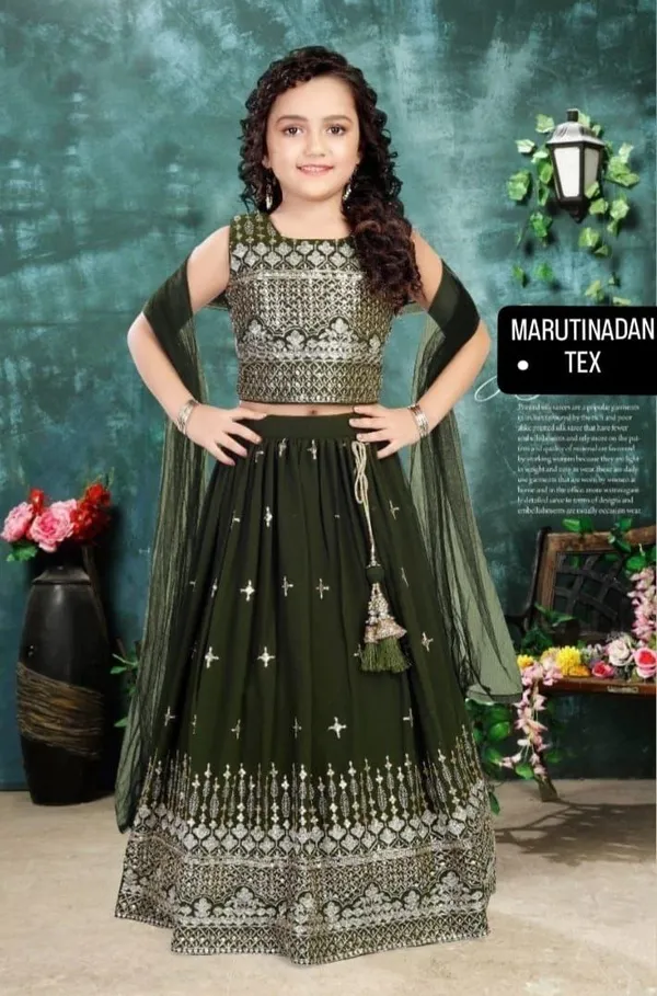 Green_Blooming_Georgette_With_Sequins_Embroidered_Work_Lehenga_Choli_For_Girls