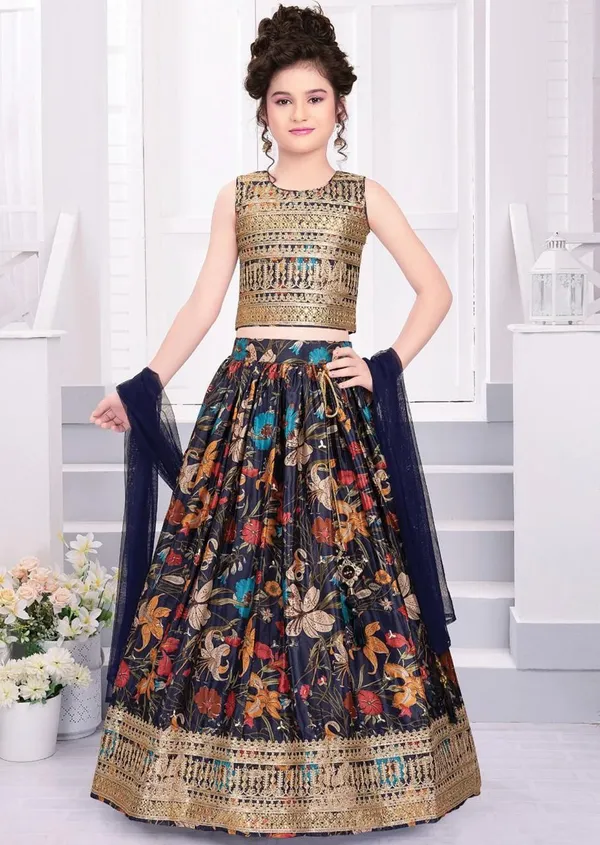 Gold_Black_Chinon_Silk_With_Beautiful_Digital_Print_&_Sequins_Embroidered_Work_Lehenga_Choli_For_Girls