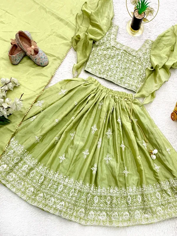 Pista_Chinon_Silk_Work_Embroidery_Work_Lehenga_Choli_For_Girls