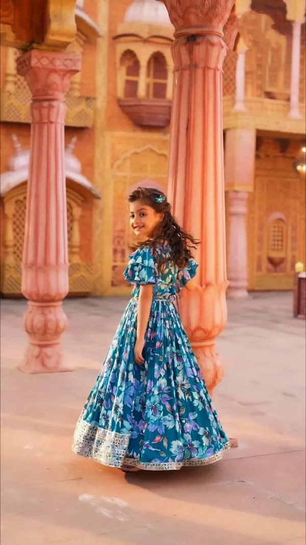 Blue_Faux_Georgette_With_Beautiful_Digital_Print_&_Sequins_Embroidered_Work_Lehenga_Choli_For_Girls