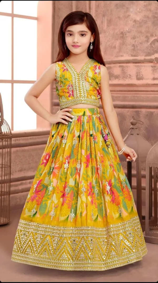 Yellow_Faux_Georgette_Digital_Print_&_Sequins_Embroidered_Work_Lehenga_Choli_For_Girls