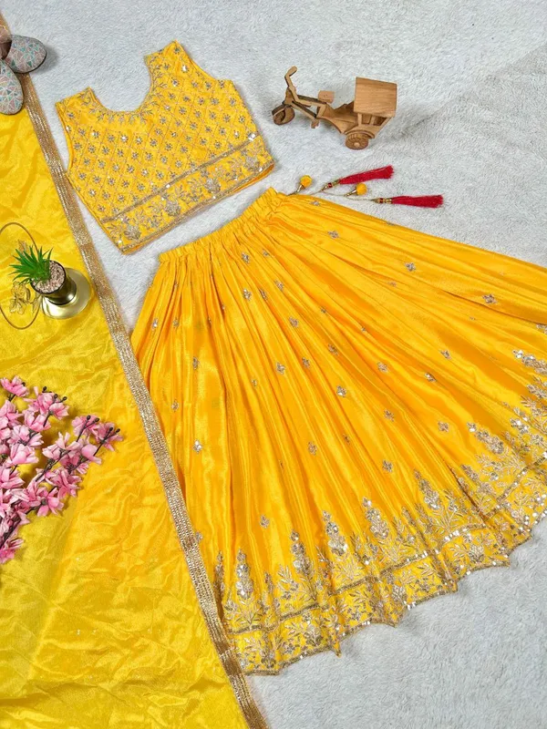Yellow_Chinon_Silk_Sequins_Embroidery_Work_Lehenga_Choli_For_Girls